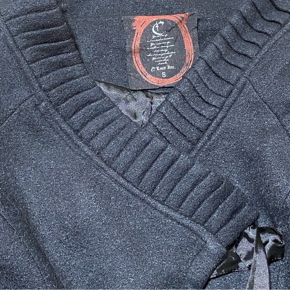 C. LUCE VINTAGE LONG SLEEVE SHORT BLACK COAT JACKET WITH RIBBON TIES - Picture 4 of 10